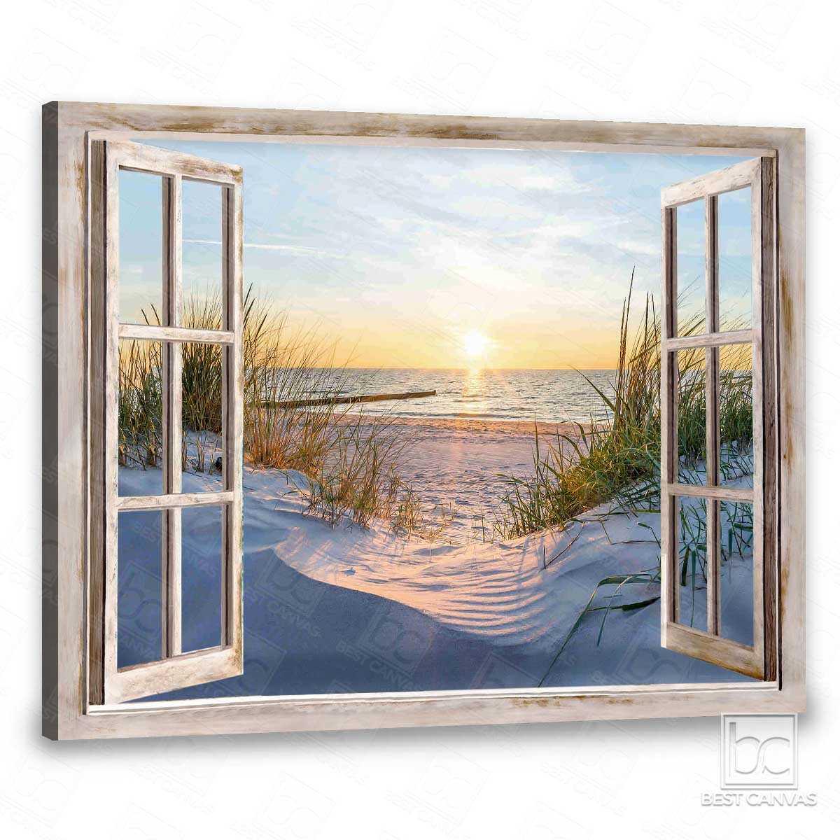 Beautiful Beach In The Morning Through Window Wrapped Or Framed Canvas