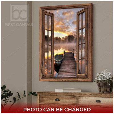 Personalized Window Prints With Beautiful Lake Boat Through Rustic Window Ver02 Wrapped Or Framed Canvas Wall Art