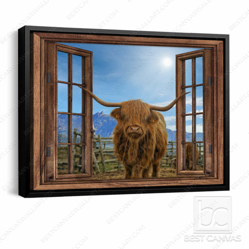 Top 03 Beautiful Highland Cow Through Rustic Window Wrapped Or Framed