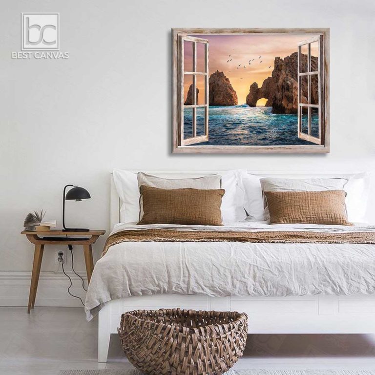 Top 03 Sunset Ocean Landscape Through Rustic Window Wrapped Or