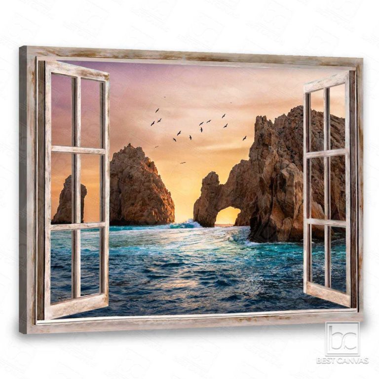 Top 03 Sunset Ocean Landscape Through Rustic Window Wrapped Or