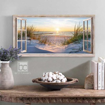 Top 03 Gorgeous Beach In The Morning Through Rustic Window Larger Sizes Wrapped Or Framed Canvas Best Canvas Wall Art