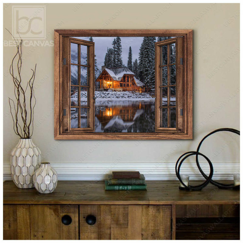 Beautiful Cabin Home In Winter With Lake And Forest Scene Through