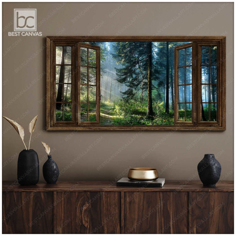 Forest Canvas Green Tall Trees Wall Art Through Rustic Window Large