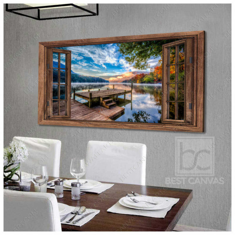 Lake Canvas Wall Art Dock Lake In Sunrise With Tree And Mountain ...