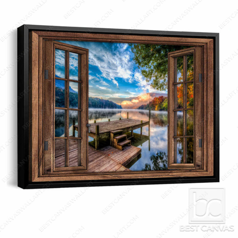 Lake Canvas Wall Art Dock Lake In Sunrise With Tree And Mountain
