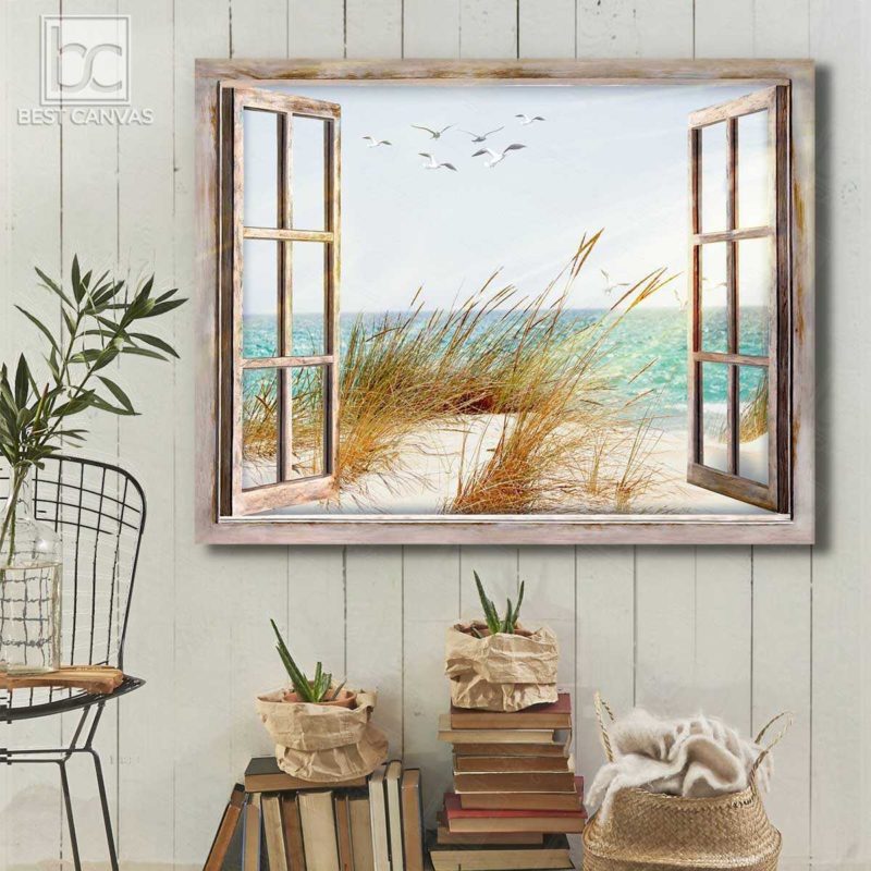 Beach Canvas Wall Art Sunset At Dune Beach Through Window Wrapped Or