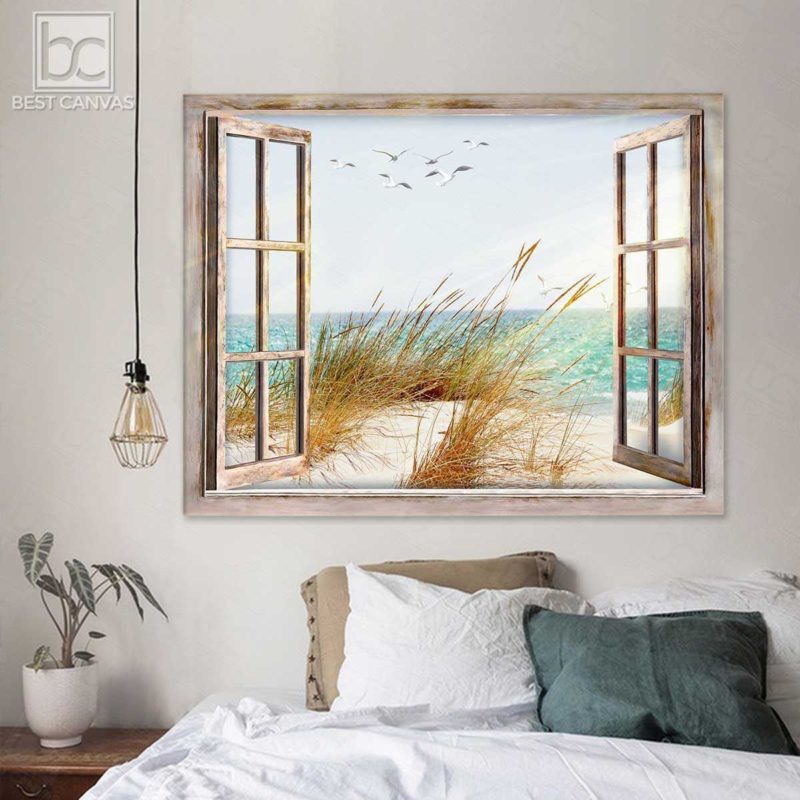 Beach Canvas Wall Art Sunset At Dune Beach Through Window Wrapped Or
