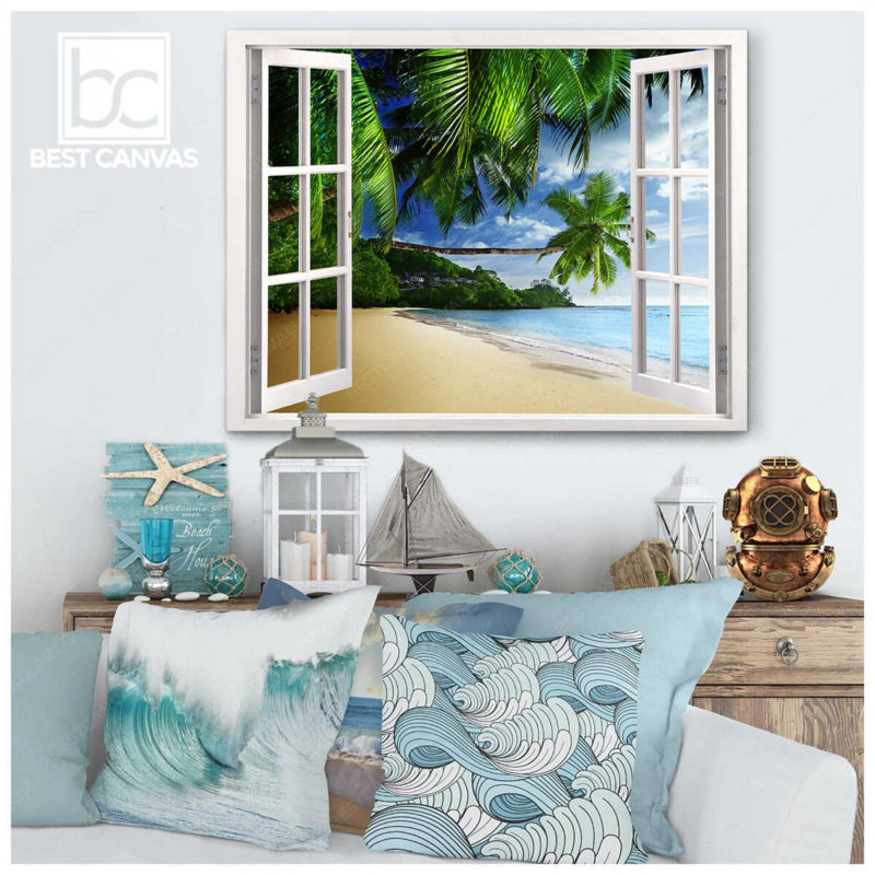 Tropical Beach Canvas Wall Art Green Palm Trees Through White Window ...