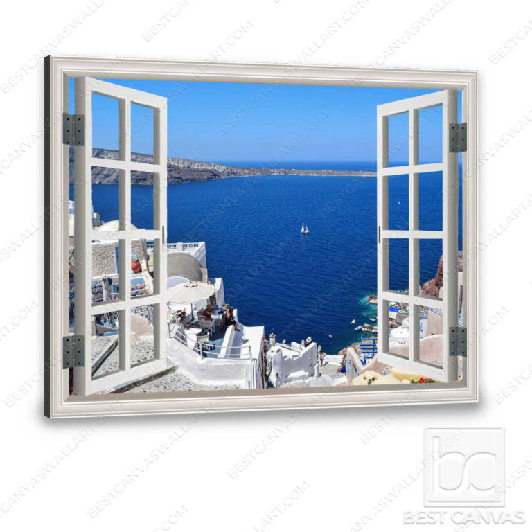 Top 03 Greek Islands Canvas Santorini Landscape Through White Window