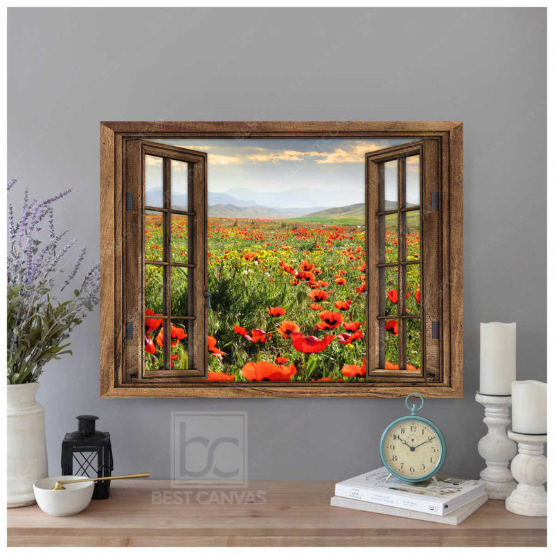 Poppy Wall Art Poppy Field In The Hill Through Rustic Window Wrapped Or Framed Canvas Wall Art