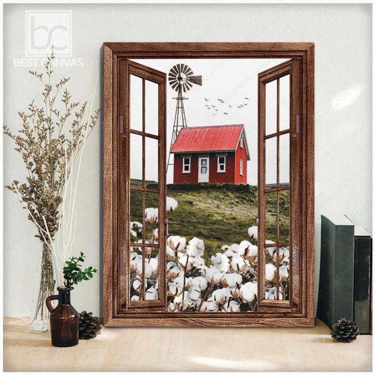 Old Barn Wall Art Red Barn With Cotton Field And Windmill Scenery ...