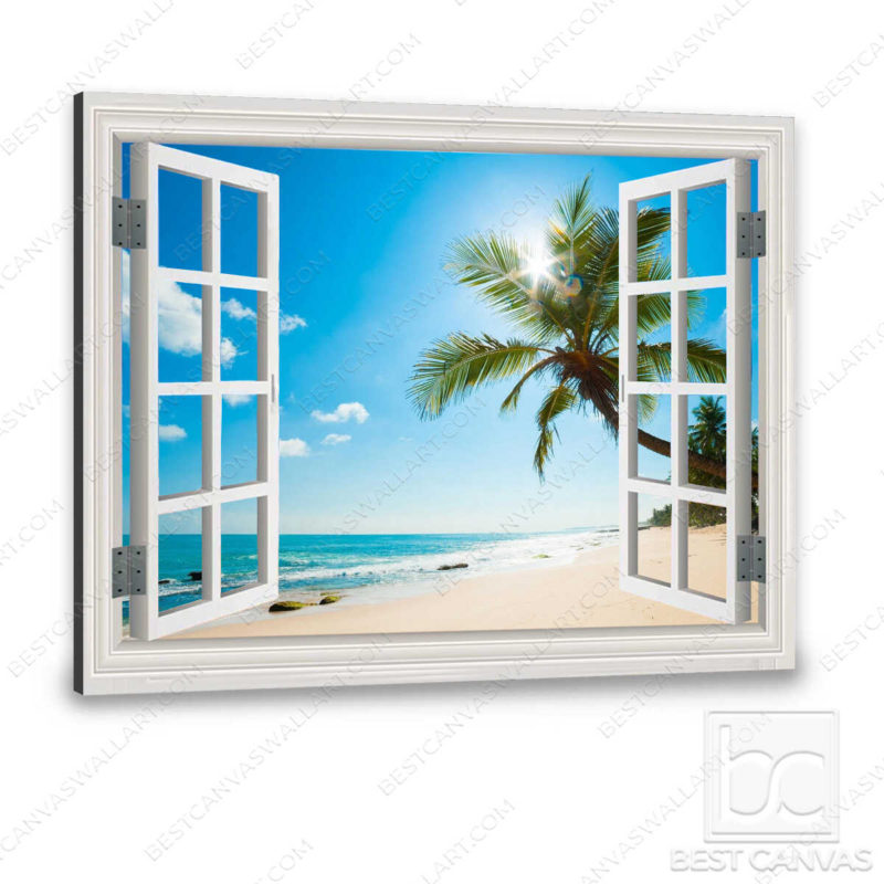 Beach Canvas Wall Art Sunrise Beach With Palm Tree Through White Window