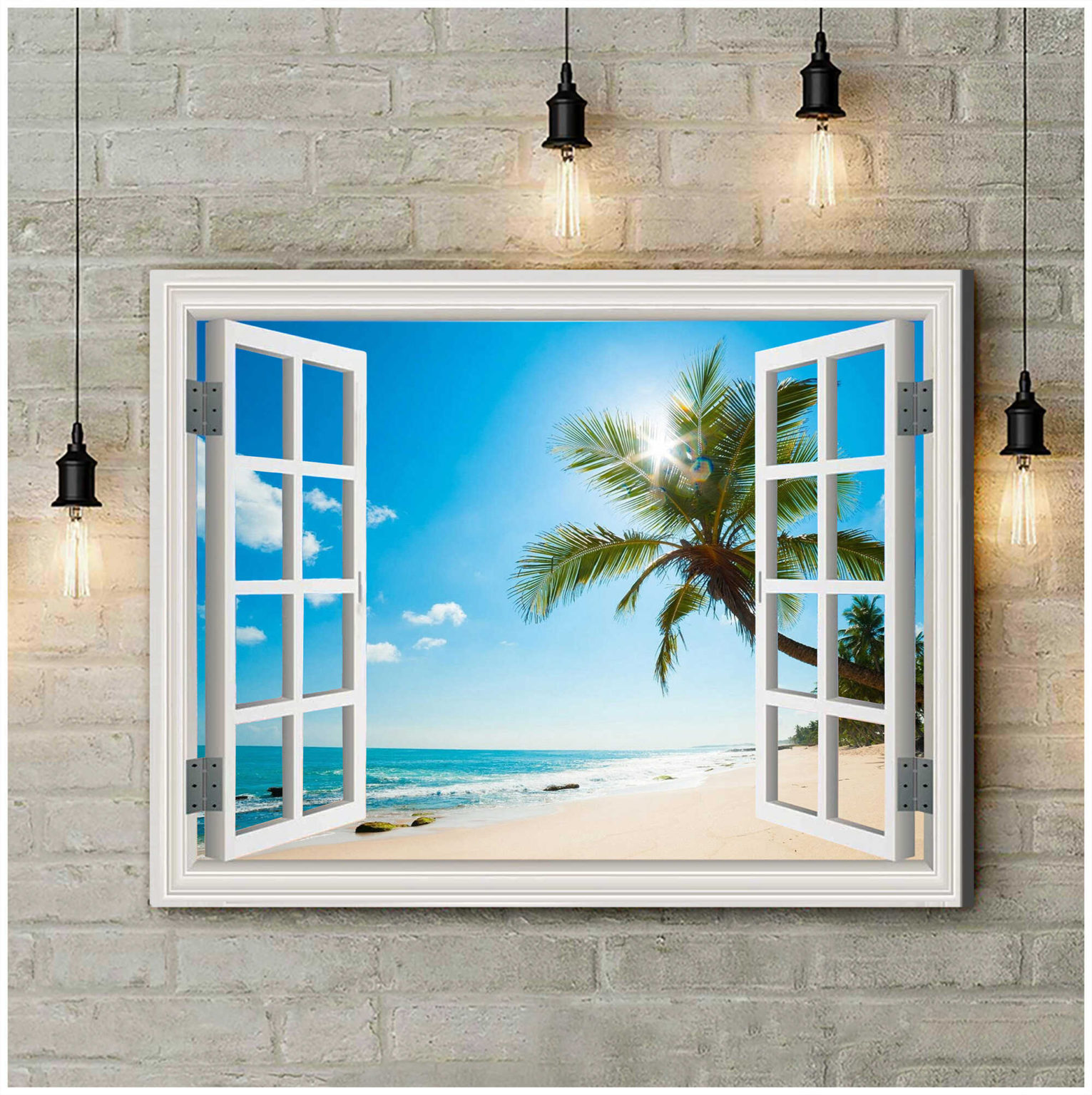Beach Canvas Wall Art Sunrise Beach With Palm Tree Through White Window