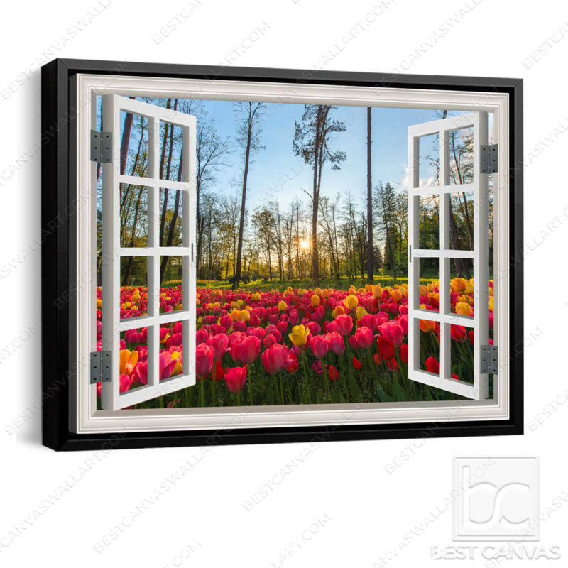 Tulip Canvas Wall Art Beautiful Tulip Garden Through White Window Beach