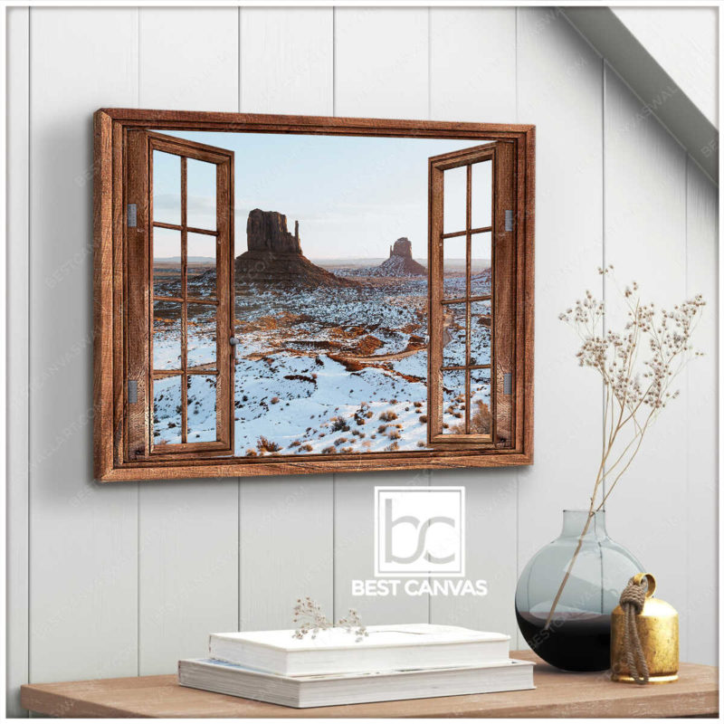Monument Valley In Winter Canvas Wall Art Through Rustic Window Wrapped