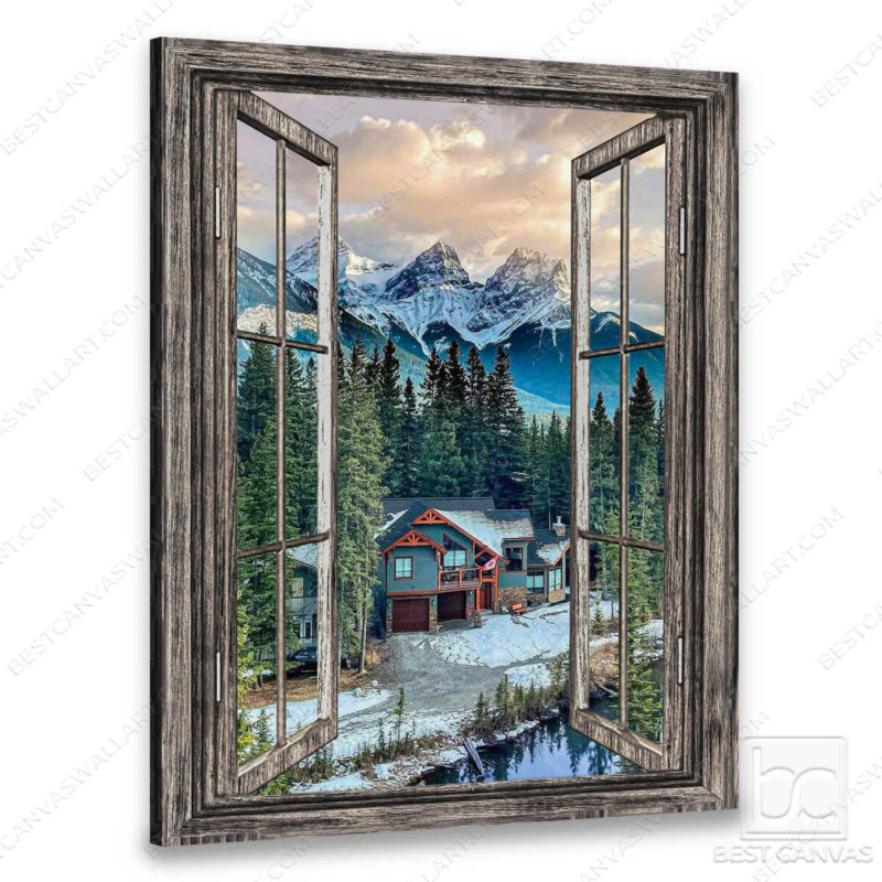 Mountain Wall Art Mountain Home In Winter Through Rustic Window Wrapped