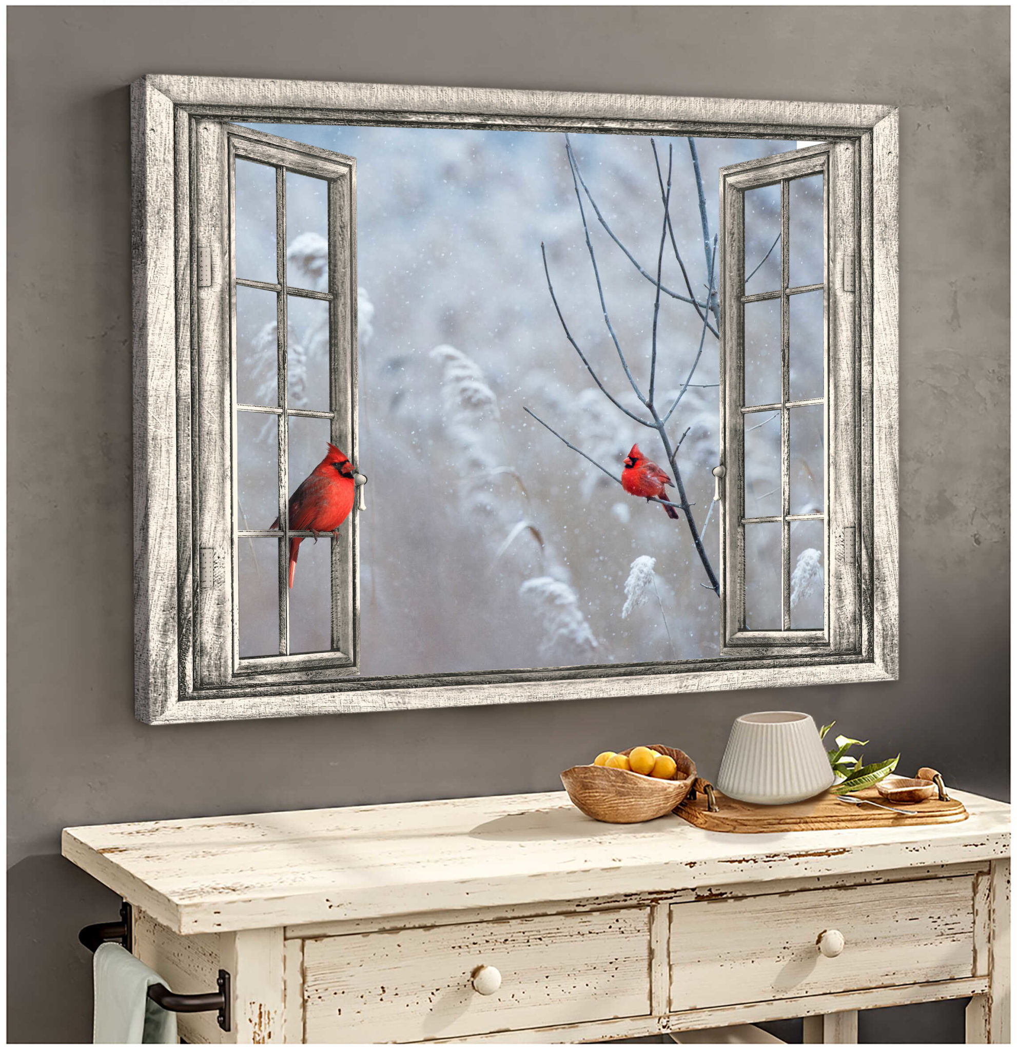 Christmas Canvas Art Beautiful Cardinal Through Window Canvas Wrapped