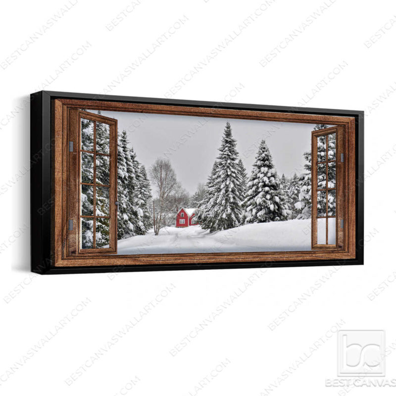 Old Barn Canvas Wall Art Red Barn In Snow Day Through Rustic Window