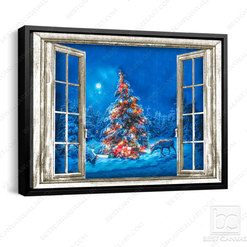 Christmas Canvas Art Lighted Pine Tree Through Rustic Window Farmhouse