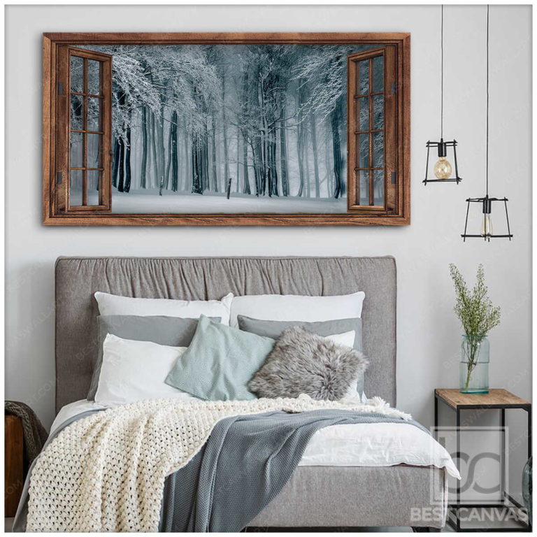 Winter Forest Wall Art Forest Trees Snow Through Window Large Canvas