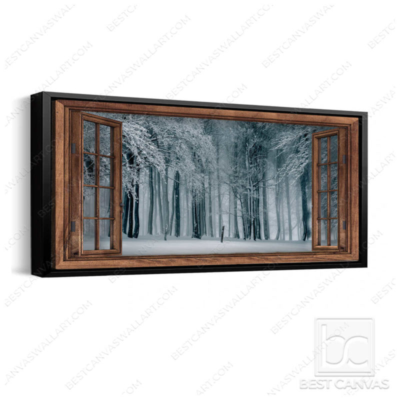 Winter Forest Wall Art Forest Trees Snow Through Window Large Canvas