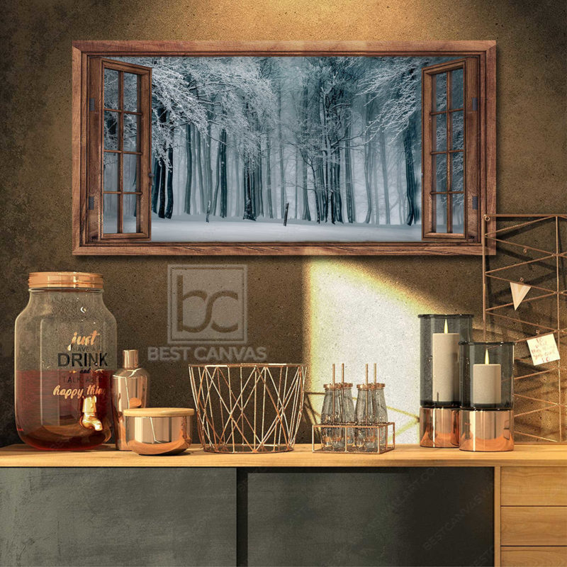 Winter Forest Wall Art Forest Trees Snow Through Window Large Canvas