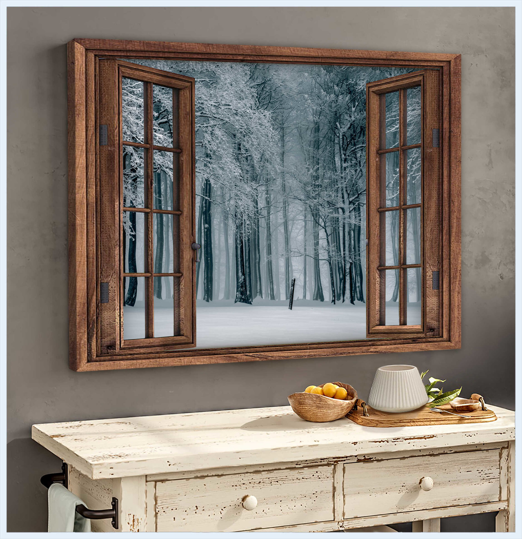 Winter Forest Wall Art Forest Trees Snow Through Window Large Canvas