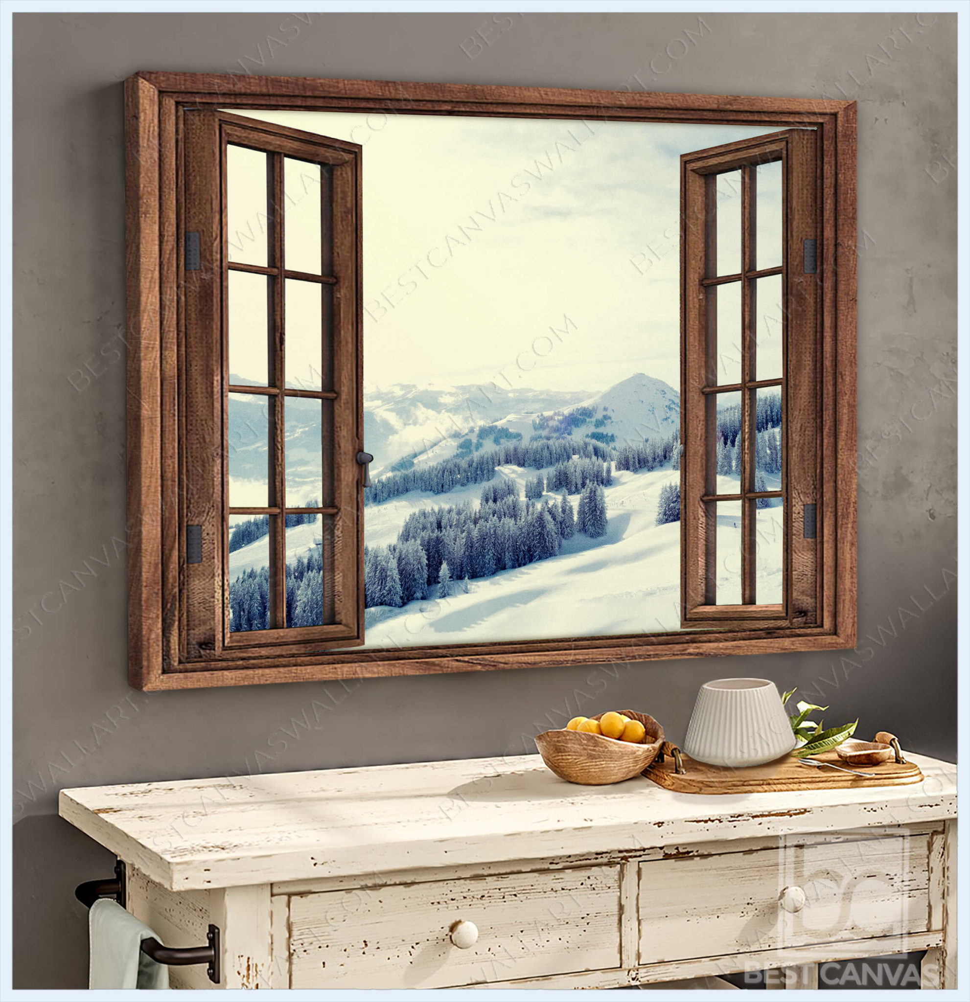 Winter Wall Art Snow Mountains Through Rustic Window Wrapped And Framed