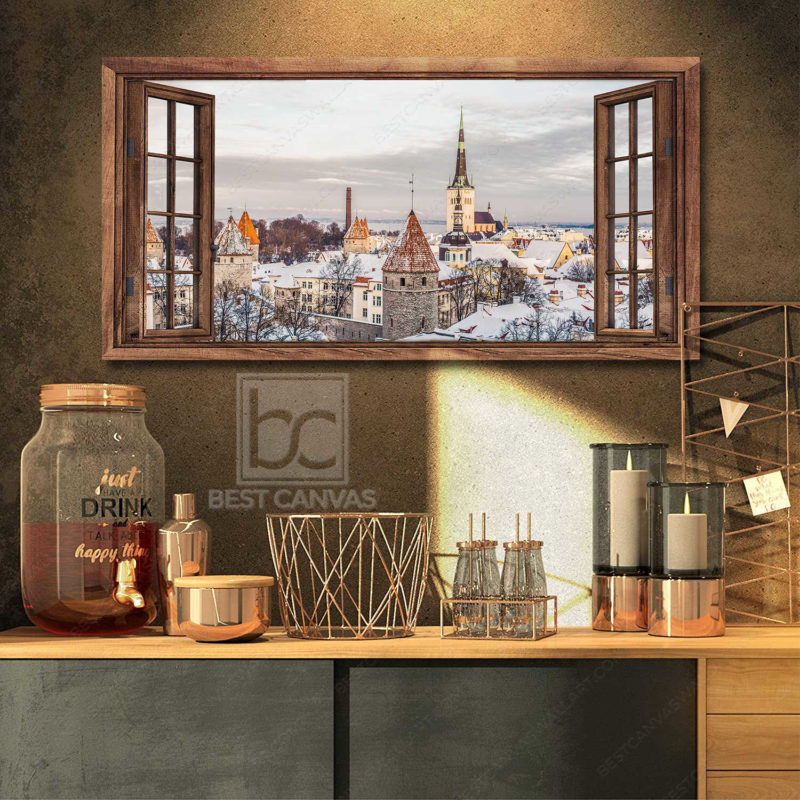 Winter Canvas Wall Art Beautiful Old Town Through Rustic Window Wrapped