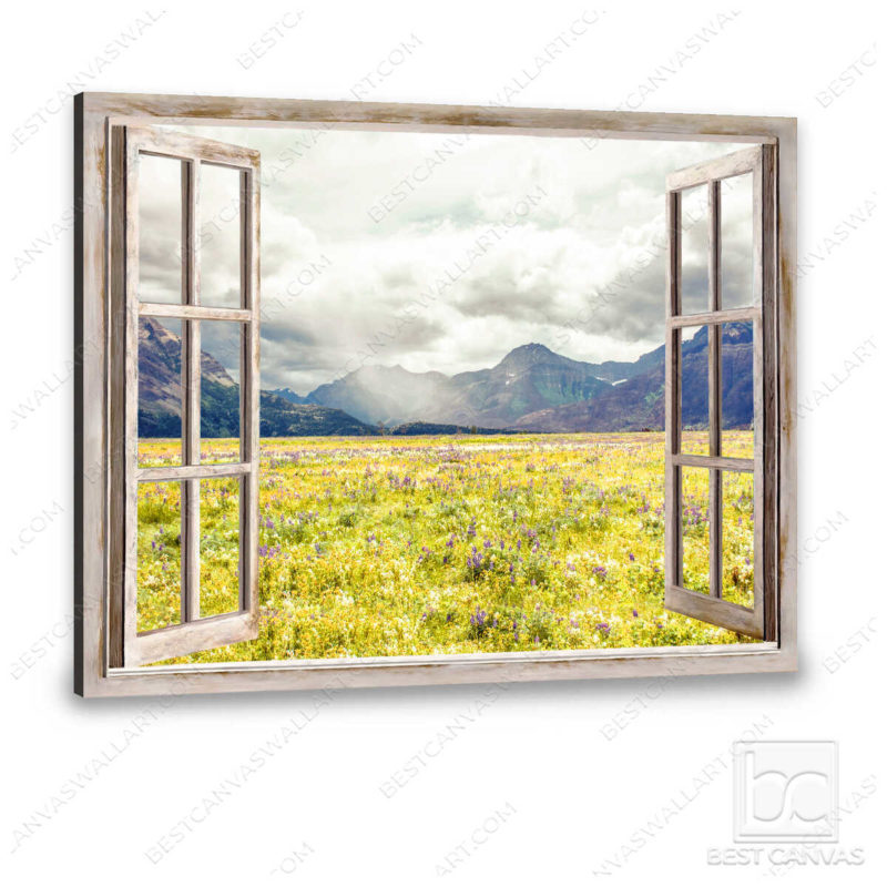 Nature Canvas Wall Art Flower Field With Mountain Through Rustic Window