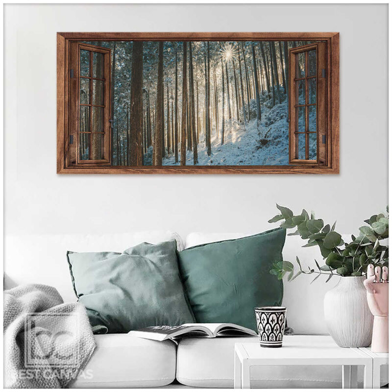 Winter Tree Canvas Wall Art Through Rustic Window Wrapped Or Framed