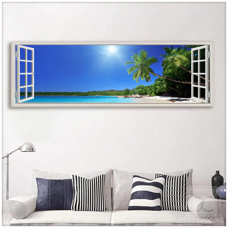 Tropical Beach Wall Canvas, Window Scenery Tropical Beach Palm Trees