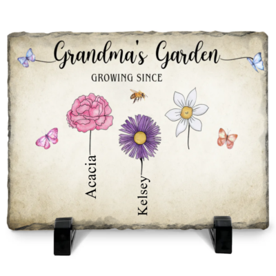Customized Grandma’s Garden Stone - Birth Month Flowers Names - Personalized Christmas Birthday Desktop Plaque for Garden Decor