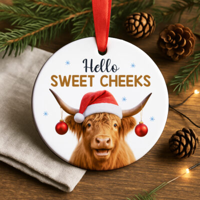 Hello Sweet Cheeks Highland Cow Christmas Ornaments, Highland Cattle Christmas Tree Decoration, Gifts for Women - Christmas, Birthday Gifts for Family, Mom, Dad, Friends, Farmhouse Christmas Cow Decor