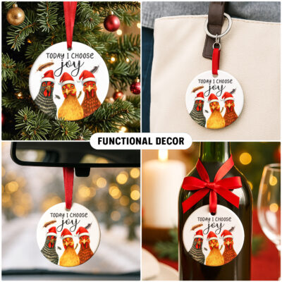 Chicken Christmas Hanging Ornaments, Rooster Gifts for Farmer, Girl, Women & Chicken Lovers, Farmhouse Christmas Decorations - 'Today I Choose Joy' Gift to Decor Chicken Coop