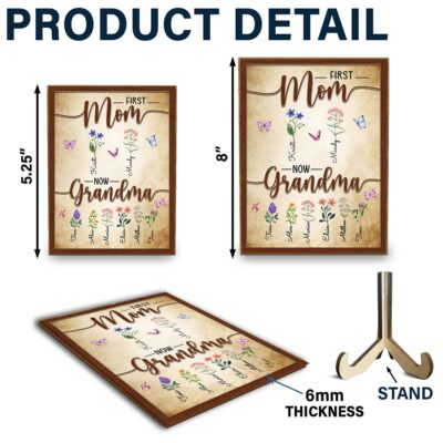 Personalized First Mom Now Grandma Wooden Frame Sign With Grandchildren Names and Birth Flower For Mother's Day Gift, Grandma Gifts, Custom Mother's Day Gift, Mom Grandmas Garden Sign
